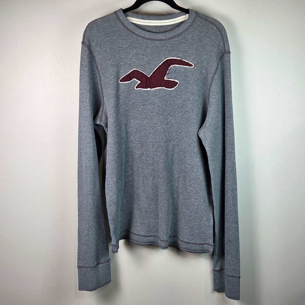 Hollister Thermal Shirt Mens L Grey Good Logo Patch Waffle Knit Long Sleeve Tee